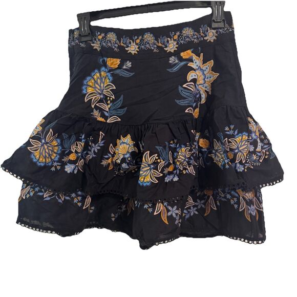Farm Rio Floral Print Ruffled Tiered Layered Mini Skirt Blue Yellow Size XS a6 - Picture 3 of 7